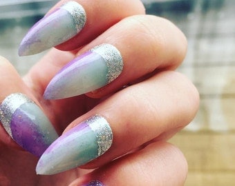 Pastel Mint and Purple Ombre False Nails with Silver Glitter Detail, Set of 20 Stunning Fake Nails