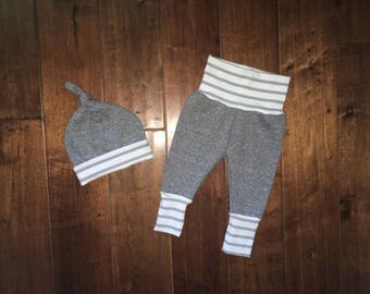 NEWBORN BABY SET; baby beanies, gray newborn hat, french terry leggings, baby leggings