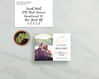 simple modern save the dates // peach watercolor floral leaves // brush hand lettering calligraphy // PRINTED save the date magnets cards