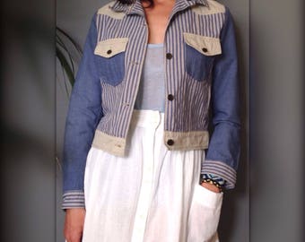 CERRUTI jacket denim blue and beige striped vintage 90 s (S/36)