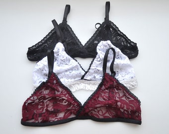 Pack of 3 BRALETTES lace bralette see through lingerie triangle bralette gift for her floral lace bra sheer bralette supportive bra crop top
