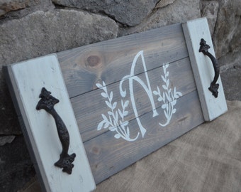 Rustic Serving Tray, Wood serving tray, Wood tray,Rustic Wedding gift, 22"x10.5",cast iron handles, 6th anniversary gift