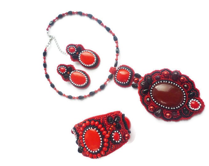 Black Red Beaded Embroidery Necklace Earrings Bracelet Jewelry Set Agate Coral Pendant Coral Earrings Coral Bracelet Natural Stone Beadwork