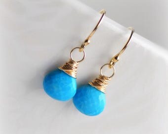 Turquoise Earrings, Tiny Turquoise Dangle Earrings, Gold Silver Turquoise Earrings, Gift for Her, December Birthstone Earrings Blissaria