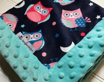 Baby Lovey Blanket- Owls with Aqua Minky- Security Blanket- Mini Blanket- Minky and Minky-19x19