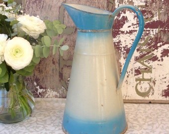 French vintage enamel water pitcher, broc, jug, French enamelware, blue two-tone enamelware jug, 1930s, French countryside