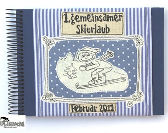 Album skiing, ski holidays photo-album, gift reminders winter-holidays, Stripes blue white, Handmade Germany, original giftidea, kultspecht