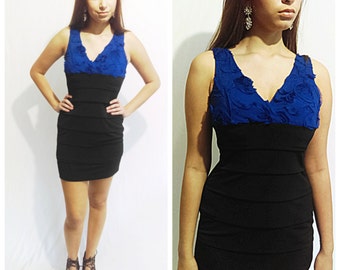 Beautiful Black and Royal blue dress Vintage Mini Dress By Sweet Storm Size M 90's Vintage Dress