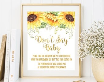 Dont Say Baby Game Baby Shower Game Gold Baby Shower Decor Clothes Pin Game Sunflowers Baby Shower Sign Floral Baby Shower Party Game Sign
