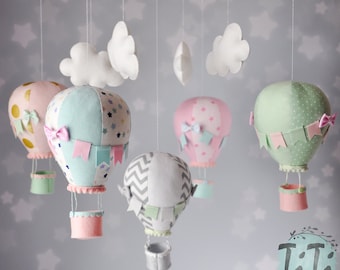 Personalized Hot Air Balloon Baby Mobile, Pastel mint pink grey Baby Mobile, Nursery Decor, Balloon Nursery, Baby Shower Gift