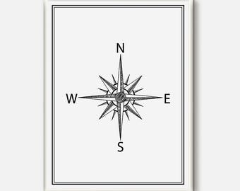 Nautical art, Black and white Poster, Adventure art, Compass print, Wind rose poster, Compass printable, Modern Nautical prints, Seamen gift