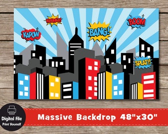 Superhero City Backdrop - Play Room Decor, 48x30", Printable Party Banner, Nursery Wall Art, City Skyline Print, Superheroes Birthday Party