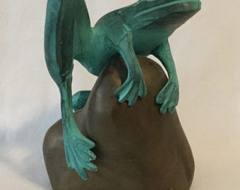 Vintage Verdigris Frog Perched On Rock Metal Figurine