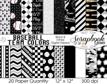 Baseball Digital Papers Black & White, 20 Pieces, 12" x 12", High Quality JPEG files, Instant Download Commercial Use Sports Glitter