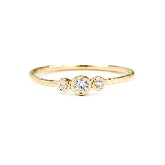 Three Stone White Sapphire Ring Solid 14K Gold 3 Stone Ring