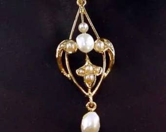 Intricate 14K Antique Art Nouveau Yellow Gold Natural Pearl Lavalier Pendant