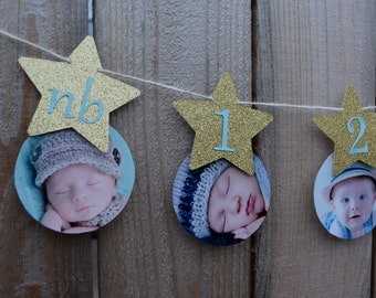 Twinkle Twinkle Little Star Boy First Birthday Banner Star One Year Banner Blue and Gold Star 12 Month Photo Banner First Year Photo Banner