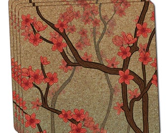 Cheery Cherry Blossoms Thin Cork Coaster Set Of 4