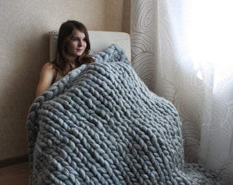 Chunky knit blanket, Chunky knit throw, Merino wool blanket, Arm knit blanket, Super chunky blanket, Super thick blanket