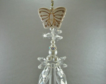 Angel suncatcher, pearl suncatcher, memorial angel, angel ornament, crystal car charm, angel car charm, rear view mirror, hanging angel