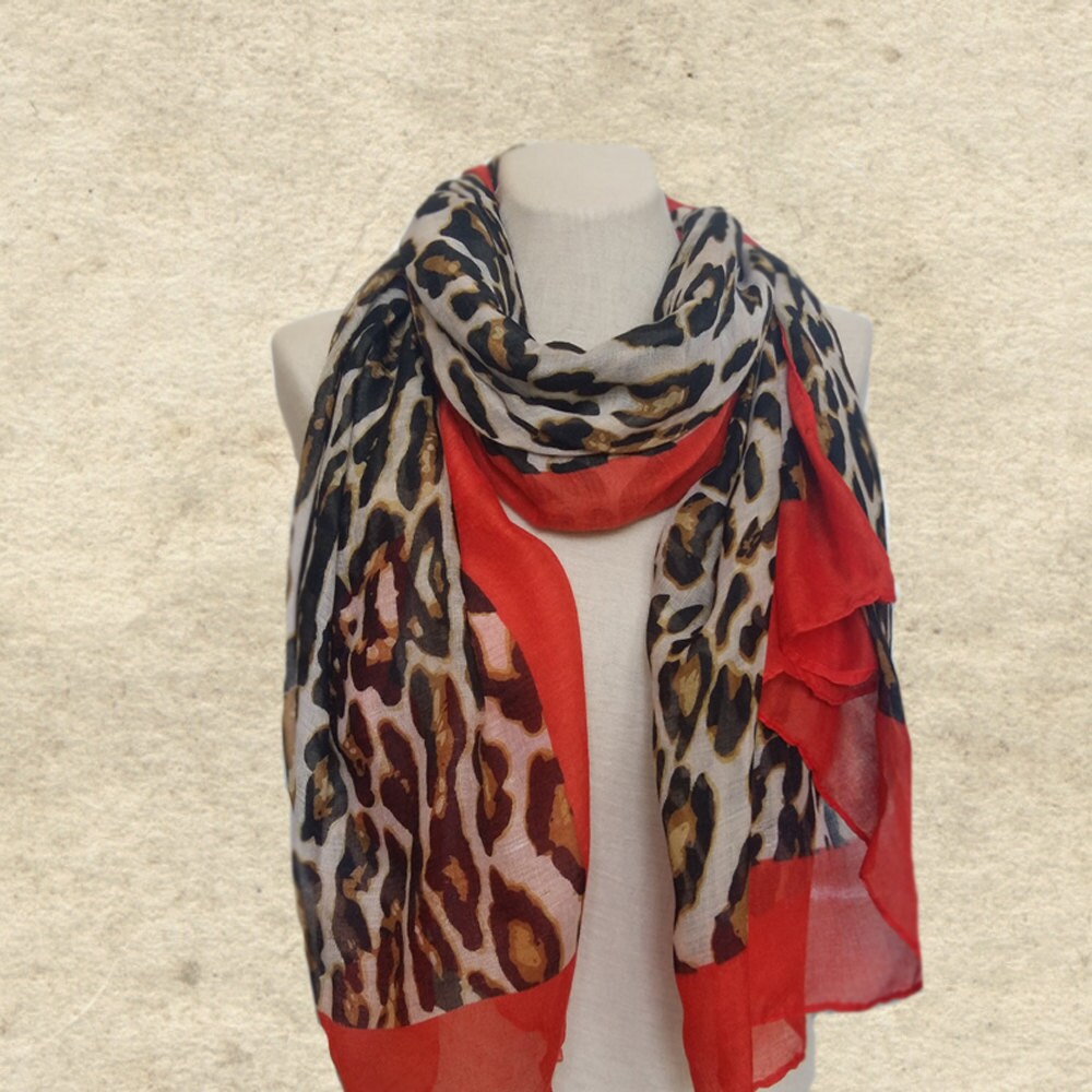 Red ladies scarf Leopard print scarf Animal print scarf