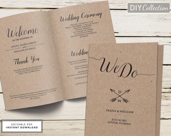 Rustic Wedding Program Template, Folded Wedding Program, Printable Wedding Programs, Instant Download, Editable Template #GD_WP101
