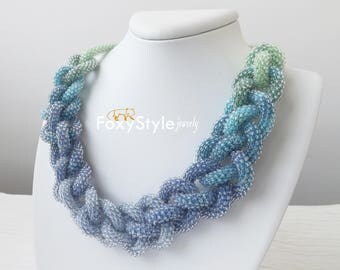 beaded necklace blue wedding necklace bridal blue necklace crochet necklace bib necklace handmade necklace jewelry gift idea braid jewelry