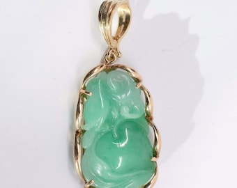 14K Yellow Gold Carved Jade Pendant "Happiness, Prosperity and Longeivity"
