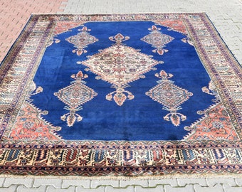 12' x 9' Ottoman Palace Rug 15th Century Model Living Room Indigo Blue Rug Handmade Turkish Oushak Extra Large Oversize Rug Pile Area Carpet