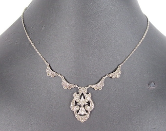 Vintage ART DECO Sterling Silver & Marcasite Stone Necklace JWLY02