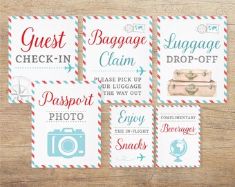 Airplane Signs, Travel Wedding, Airline Themed Baby Shower, Bridal Decor, Around the World, Birthday Printable, Blue Red, TR RT Download