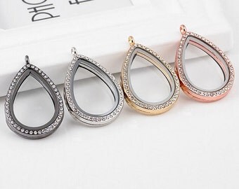 WHOLESALE Teardrop Floating Rhinestone Charm Locket W/ 45 Surrounding Glass Rhinestones Living Locket Memory Locket