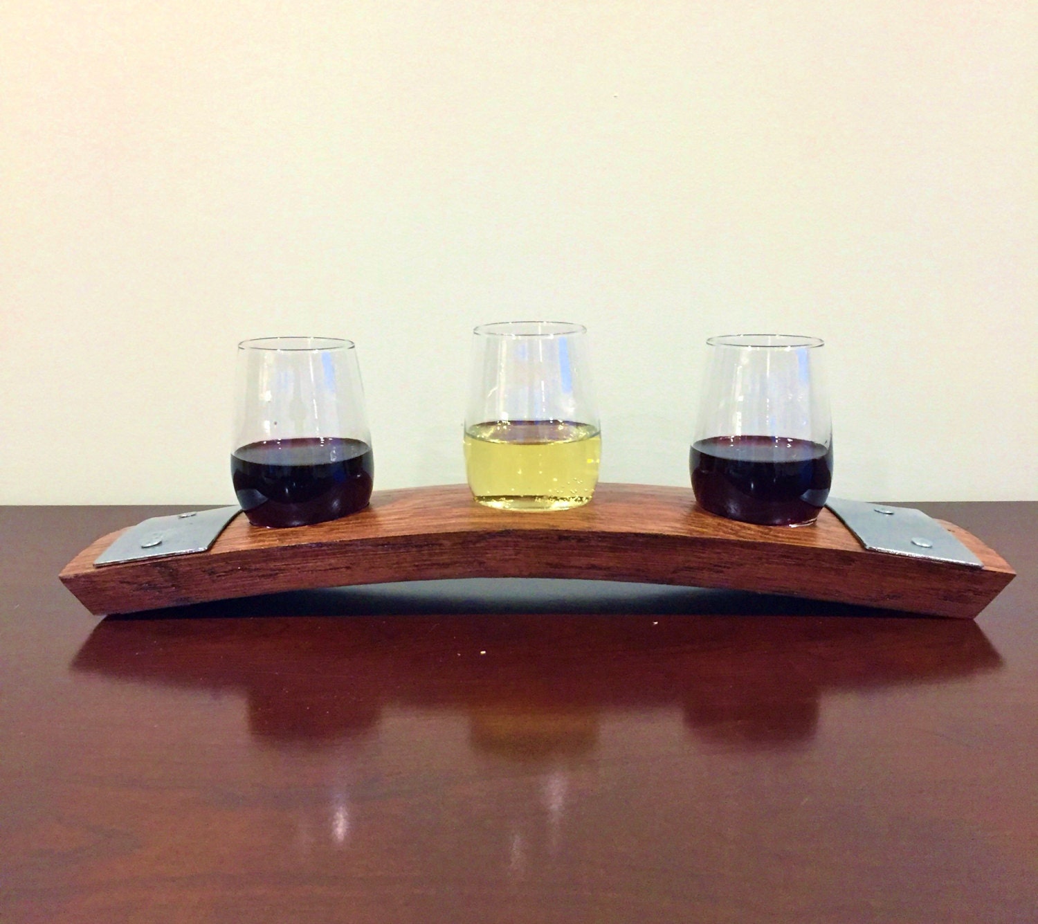Wine Flight Tray Made From Reclaimed Wine Barrel Stave - Includes 3 Wine Tasting Glasses