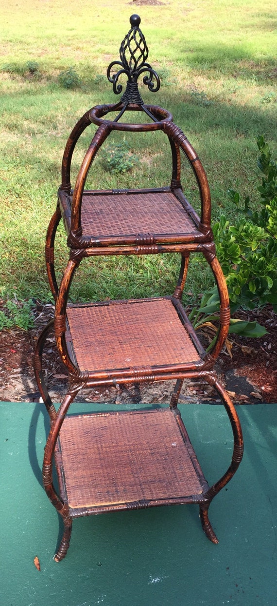 Vintage Wicker and Wrought Iron 3 Tier Shelf
