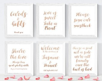 PERSONALISED set of 6 rose gold wedding signs, wedding sign bundle, welcome wedding sign, sign our guestbook, faux rose gold signs
