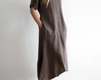 Loose Maxi Linen Dress with Short Sleeves and Pockets