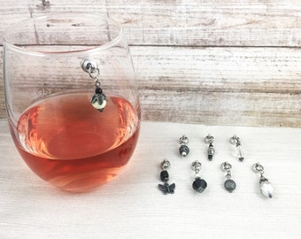 8 Magnetic Wine Glass Charms, Black and White, Stemless Wine Glass Charms, Magnetic Charms, Gift for Her, Wine Lovers, Cocktail Glass Charms