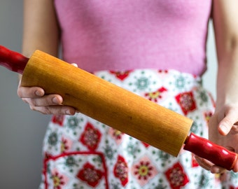 Vintage Rolling Pin | Wooden Midcentury Rolling Pin with Red Handles | Baking & Food Photography Prop