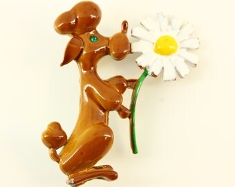 Mad Men Era JJ Jonette Jewelry Poodle Enamel Flower Brooch Pin - Estate Jewelry - White Sunflower Pin, Statement Jewelry, Vintage Rockabilly