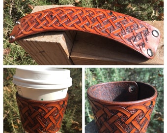 Custom Tooled leather coffee cup sleeve eagle design