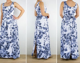 Bridesmaid dress, Ladies long floral maxi dress, blue pink white green purple Australian Made womens Vintage inspired print 6 8 10 12 14 16