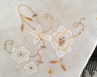 Vintage Ladies Handkerchief~ Ladies Hankie ~ White with Golden Yellow Floral Design