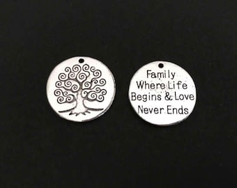 Family Tree Charm. Lot of 1 / 5 / 10 / 20 / 30 Pcs Silver Plated Word Charms. Family, Where Life Begins & Love Never Engs.DIY Craft Supplies