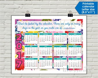 Printable 2017 Calendar. US Letter Size, 8.5"x11". Floral, pink and aqua. Inspirational quote quick reference calendar. Instant download.
