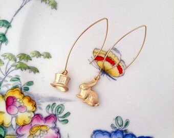 Alice in Wonderland, rabbit and mad hatter gold plated earrings