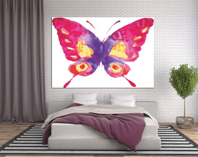 Butterfly drawing watercolor art print on canvas, purple red butterfly art print home decor, colorful butterfly wall art