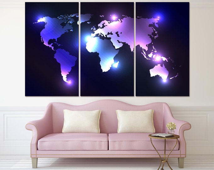 Large Modern Neon light World Map Canvas Print \ 1,3,4 or 5 Panels on Canvas Wall Art for Home or Office Decoration & Interior design