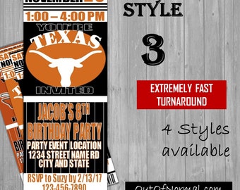 Texas Longhorns Themed Birthday Invitation Tickets - Football basketball college Birthday Invitations -Personalized invites!