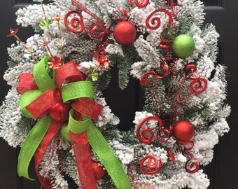 Christmas Wreath, Red Green Wreath, Flocked Wreath, Wreath Street Floral, Door Wreath, Holiday Wreath
