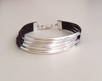 Leather bracelet Beaded bracelet Wrap bracelet Fashion jewelry Silver plated Women's leather bracelet Color Black